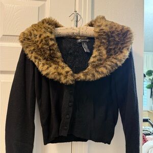INC International Concepts Black Cardigan with Faux Fur Collar Silk